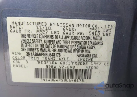 2011 Nissan Sentra 2.0Sl z USA, uszkodzony, nr VIN 3N1AB6AP5BL648178